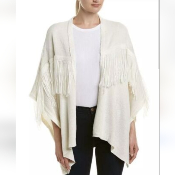 Anthropologie Bishop + Young Ivory Flax Open Front Fringe Poncho Cardigan M/L - Picture 2 of 12